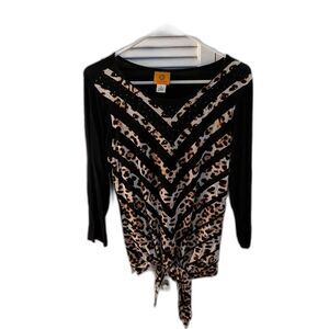 Ruby Rd. Top Women's sz S Tie-hem Leopard Print Stripe Knit Gold Stud 3/4 Sleeve